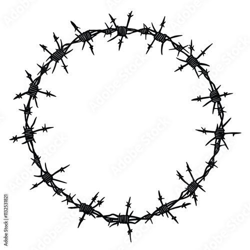 Barbed wire circle with sharp spikes.