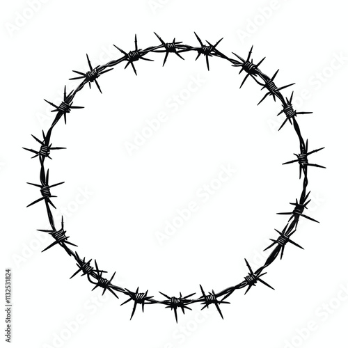 Barbed wire circle with sharp spikes.