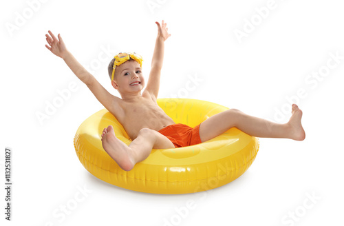 Cute little boy in beachwear with diving mask and inflatable ring on white background photo