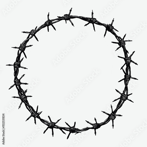 Barbed wire circle with sharp spikes.
