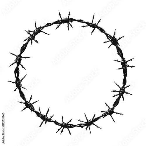 Barbed wire circle with sharp spikes.