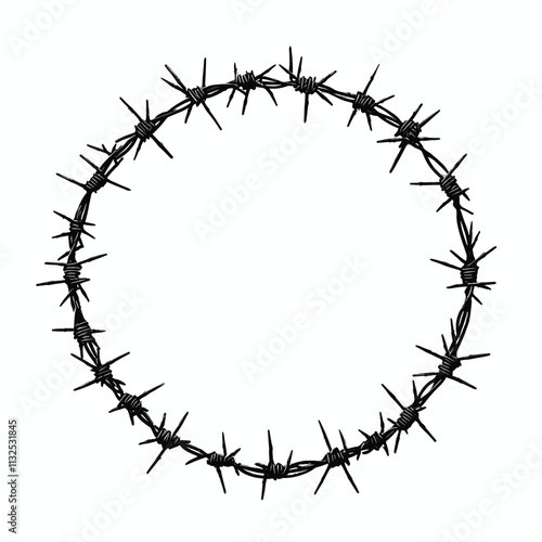 Barbed wire circle with sharp spikes.