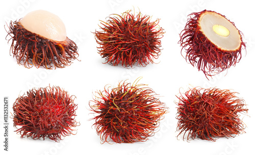 Fresh tropical rambutan fruits isolated on white, set photo