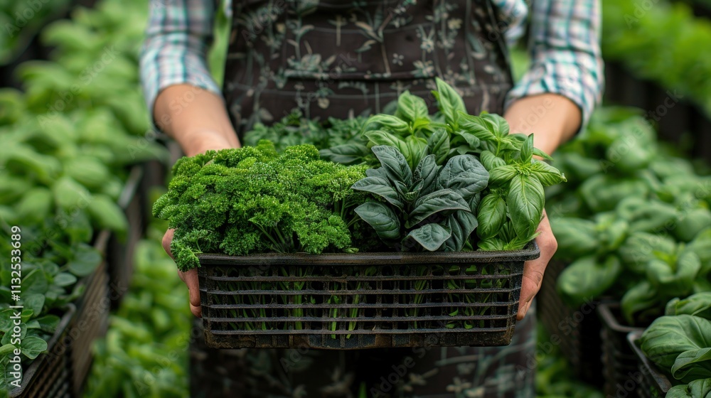 Fototapeta premium A person holds a basket of fresh herbs, showcasing a vibrant selection of greens.