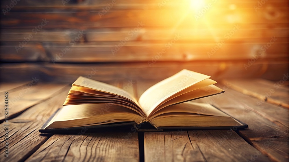 Open book on rustic wooden surface bathed in warm sunlight Open book on rustic wooden surface bathed in warm sunlight