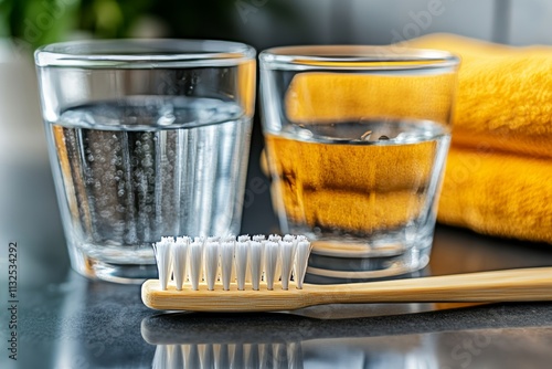 Morning Routine Essentials Toothbrush, Water Glasses, and Towels in a Bright Bathroom