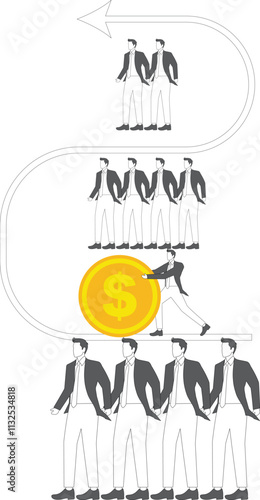 Capitalists, corporate management, ruling groups, hierarchy, bosses or leaders standing at the head of a row of businessmen pushing gold coins