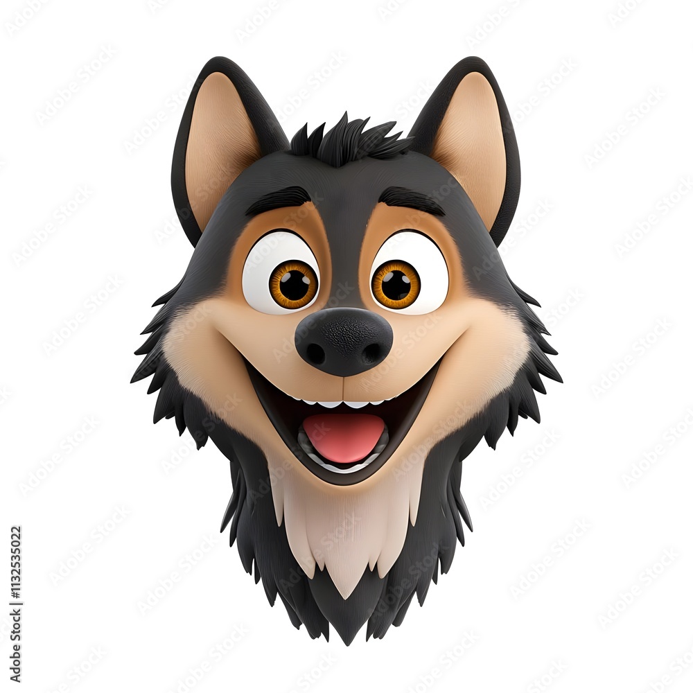 Obraz premium Cheerful cartoon wolf face with bright eyes and animated expression, perfect for children's illustrations, stories, or playful designs featuring animal characters.