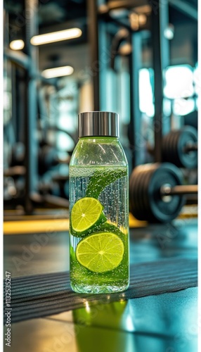 A refreshing drink with lime and mint in a gym setting. photo