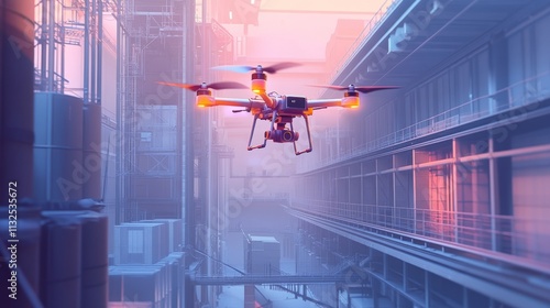 Drone Flying Inside an Industrial Facility with Bright Lighting Effects photo