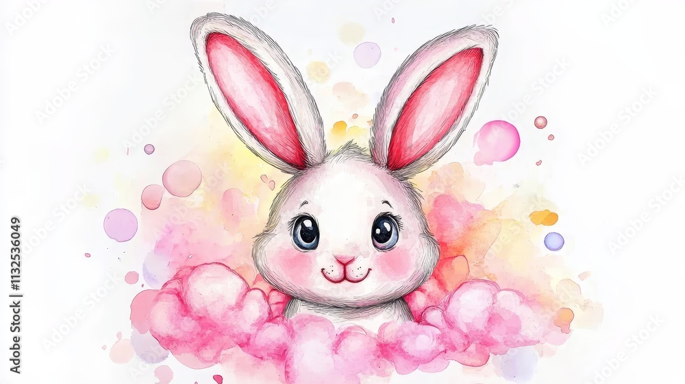 Fototapeta premium Adorable watercolor bunny with pink ears surrounded by soft pastel clouds