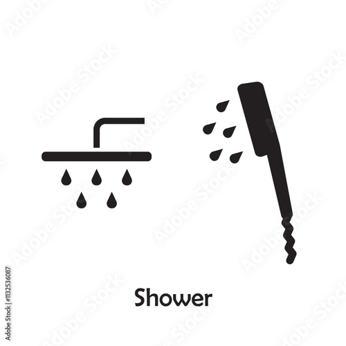 Simple shower icon vector isolated on white background in silhouette style. Bathroom accessories. Icons for web design, tag, label.