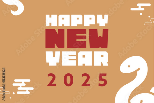 シンプルな蛇で飾られた巳年の2025年度版横向き年賀状テンプレート（金）　2025 horizontal happy new year's card template decorated with a simple snake (gold)