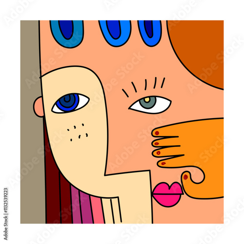 Abstract face portrait decorative geometric doodle hand drawn vector illustration wall art design.
