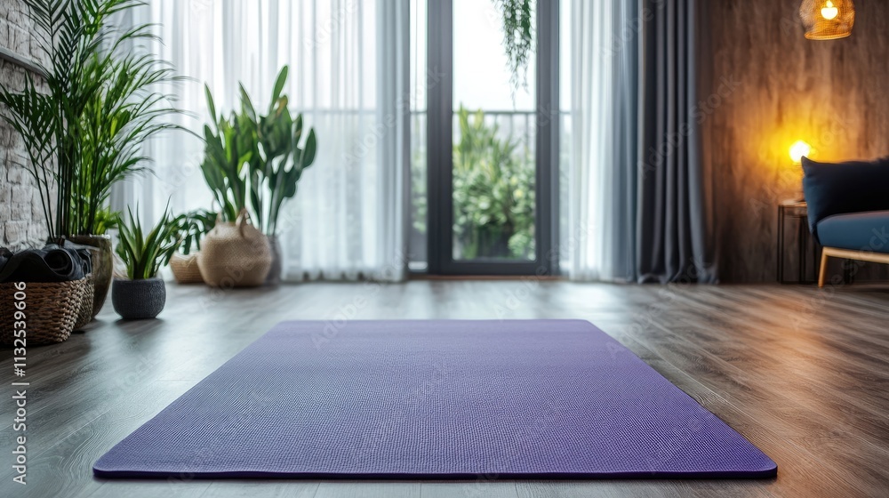 Fototapeta premium Calm and Inviting Yoga Space with Purple Mat and Natural Light