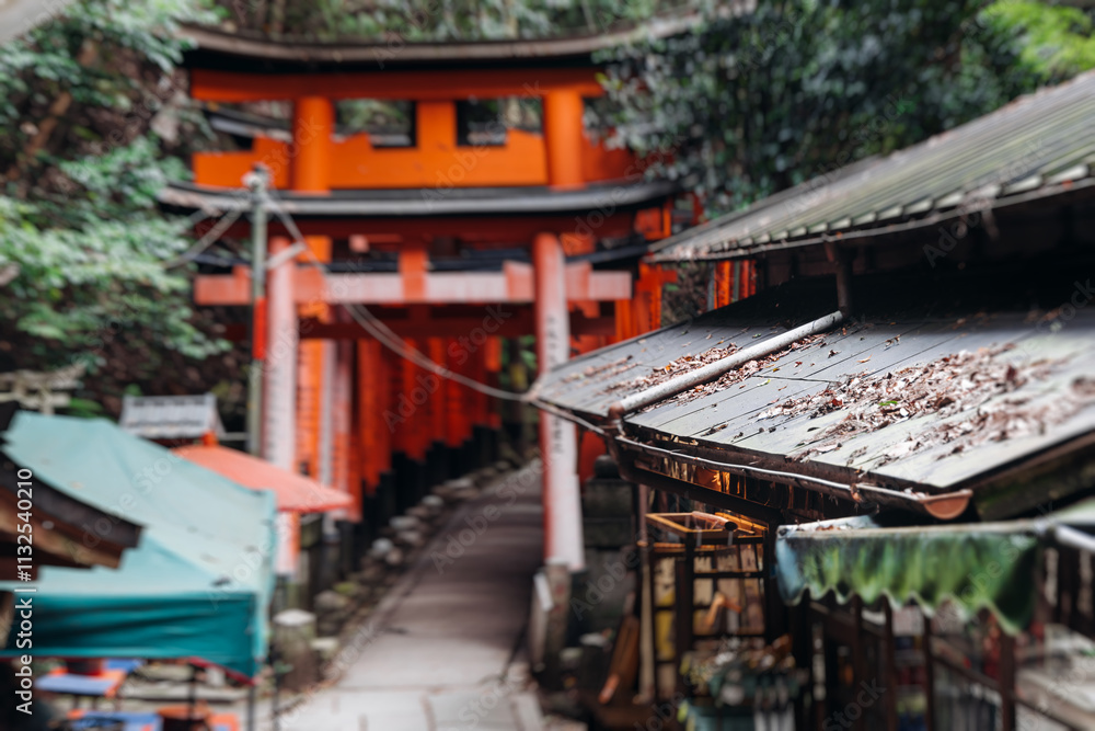 Fototapeta premium Fushimi Inari Taisha Shrine, Fushimi-ku, Kyoto Prefecture, Kansai region, Kyoto, Japan, Shinto shrine, mountain way with red torii gates tunnel, wooden torii path, fox sculptures, travel to Japan
