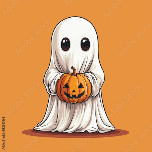 Adorable ghost holding a pumpkin on an orange backdrop.