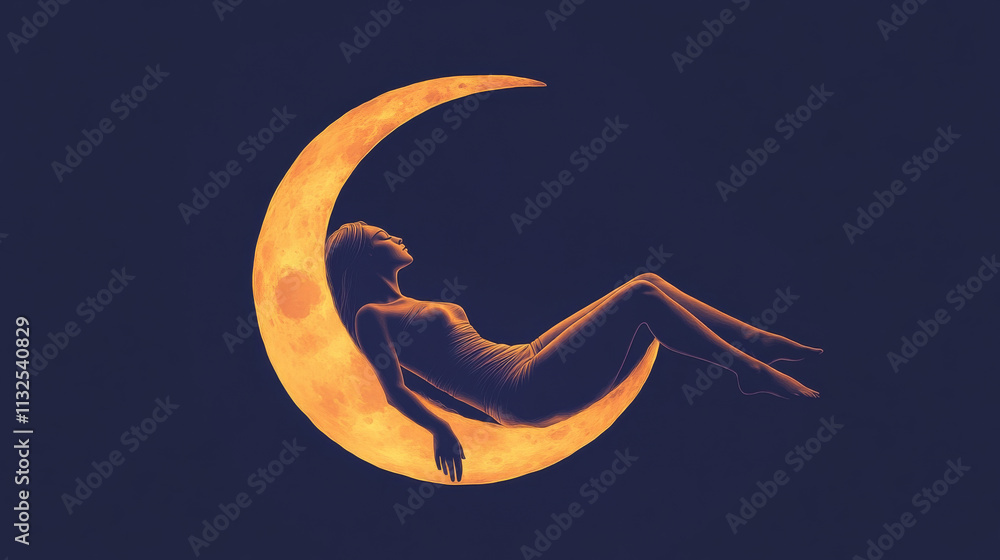 Naklejka premium Beautiful woman relaxing on crescent moon, fantasy illustration