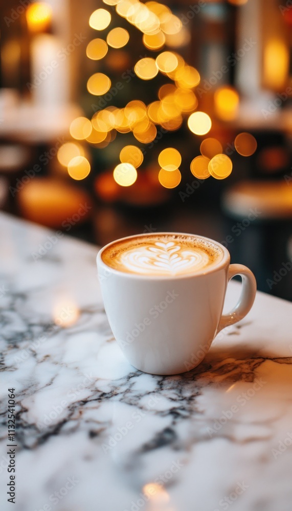 Obraz premium A cozy cup of latte art on a marble table with a blurred festive background.