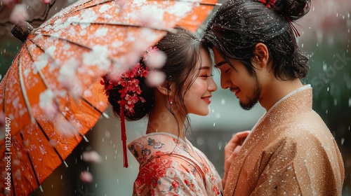romantic couple under a cherry blossom umbrella in the rain