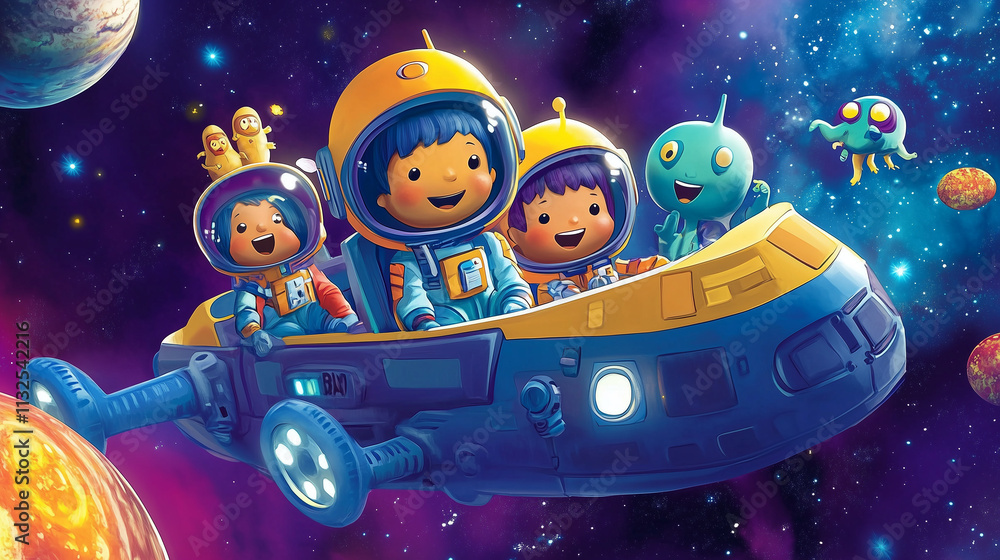 Fototapeta premium group of child astronauts in a spaceship, exploring planets, stars, and encountering friendly aliens