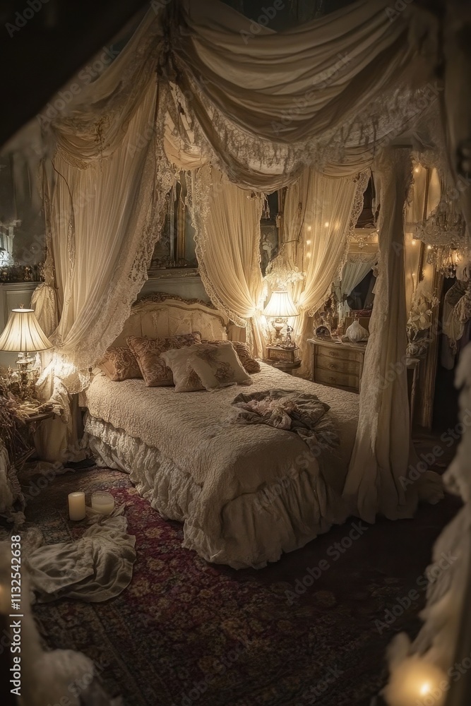 Fototapeta premium Romantic Bedroom With Draped Canopy And Soft Lighting