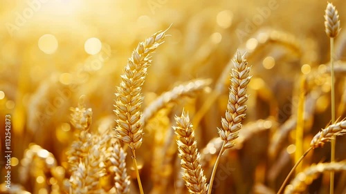 Golden wheat field at sunset, close-up view of ripe ears of grain illuminated by warm sunlight. photo