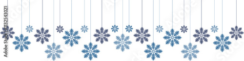 Vector Christmas snowflakes and stars seamless pattern banner; Blue winter holiday decoration with Merry Christmas text.