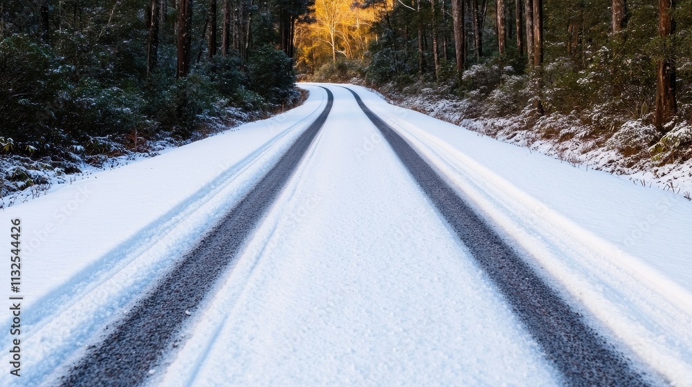 Obraz premium Snow-covered road winding through a forest with golden light in the background.