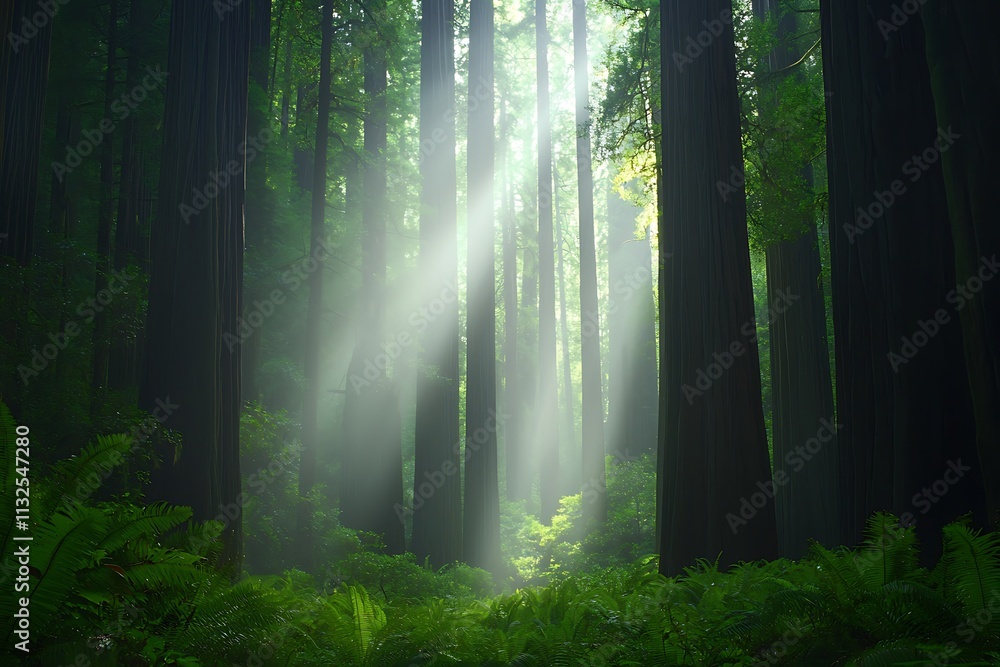 Fototapeta premium Sunbeams illuminating a misty redwood forest.