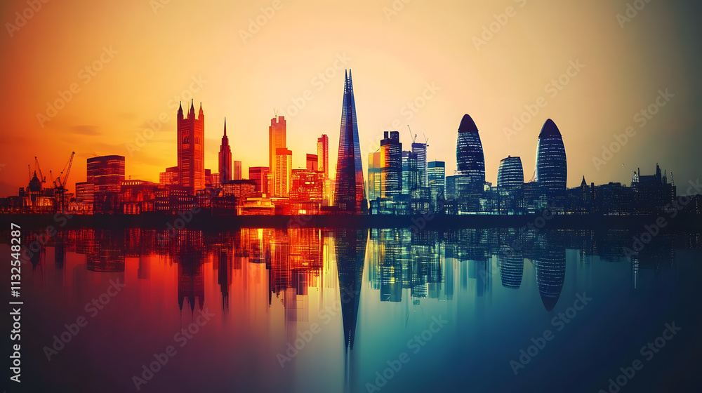 Fototapeta premium London Skyline Silhouette with Reflection.