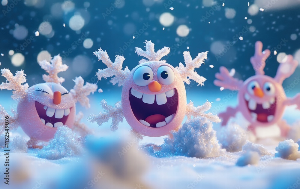 Fototapeta premium A group of animated snowflakes with expressive faces and playful poses on a snowy backdrop