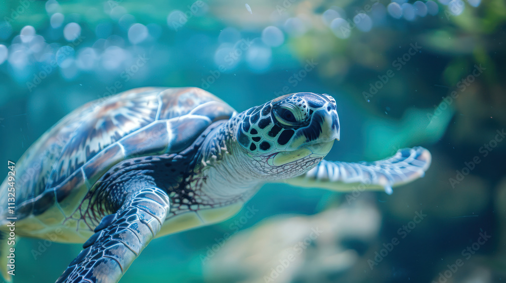 Fototapeta premium close up sea turtle swimming underwater clear clean animal diving and reef coral ocean