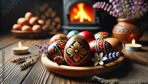 Easter. Eggs decorated in the colors of national ornaments. Сreated AI.