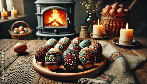Easter. Eggs decorated in the colors of national ornaments. Сreated AI.	
