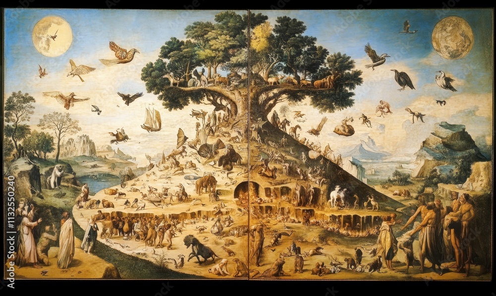 Obraz premium Fantastic tree, creatures, celestial bodies, humans, landscape.