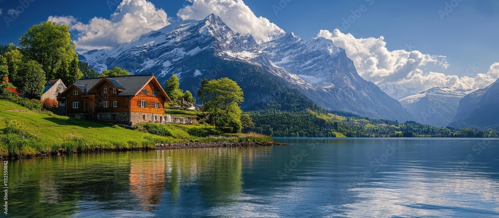 Fototapeta premium Serene landscape featuring mountains, a tranquil lake, a charming house, and lush greenery under a clear blue sky