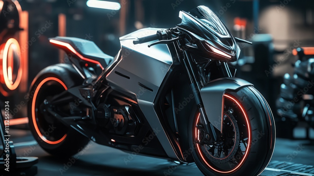 Obraz premium A close-up of a futuristic motorcycle in a workshop, showing off its sleek design and industrial surroundings.