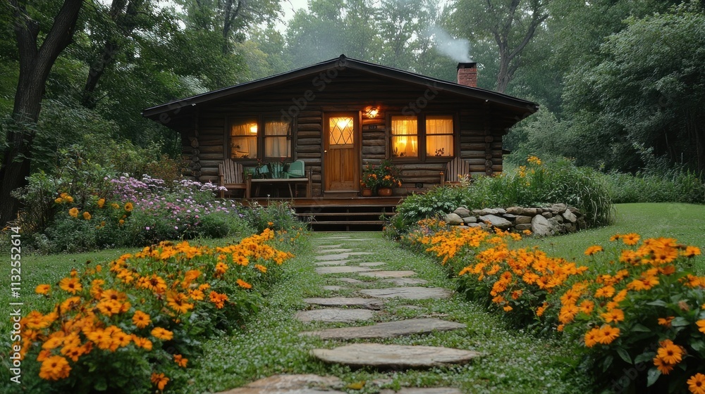 Obraz premium Cozy log cabin surrounded by vibrant flowers and greenery.
