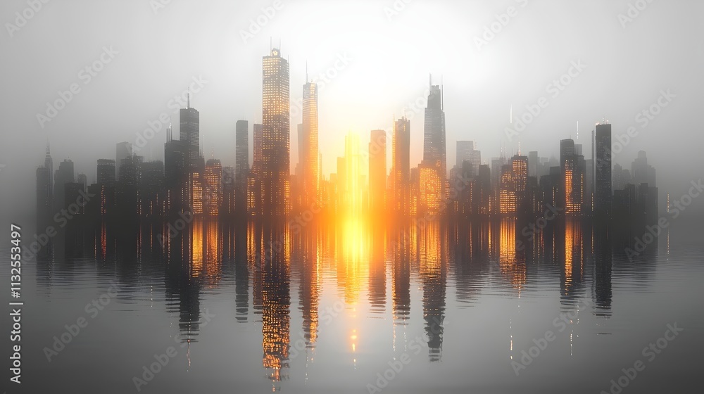 Obraz premium A city skyline is reflected in the water, with the sun setting in the background