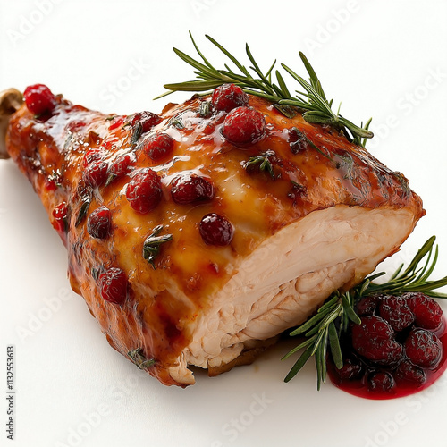 golden-brown roasted turkey leg, glazed and garnished with fresh rosemary and cranberry sauce on the side. isolated on a solid white background. photo