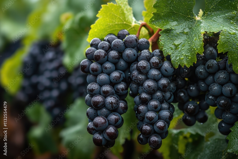 Naklejka premium Juicy grape bunches hanging from green vines in a lush vineyard