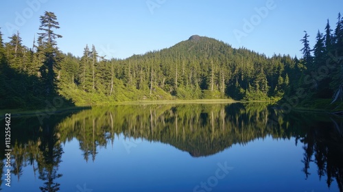 Tranquil lake view with vibrant green trees and hill reflecting in calm water under a clear blue sky in a peaceful wilderness setting