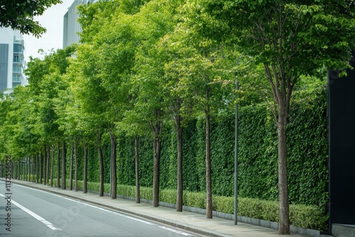 Green corridor in the city lined with healthy trees and lush greenery photo