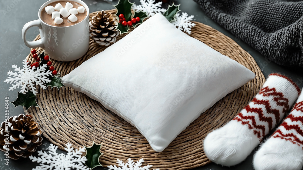 Fototapeta premium A white cushion pillow sits at the center of a circular woven mat, surrounded by delicate snowflakes, white glittering ornaments, and frosted pinecones, mistletoe , and a mug of hot cocoa