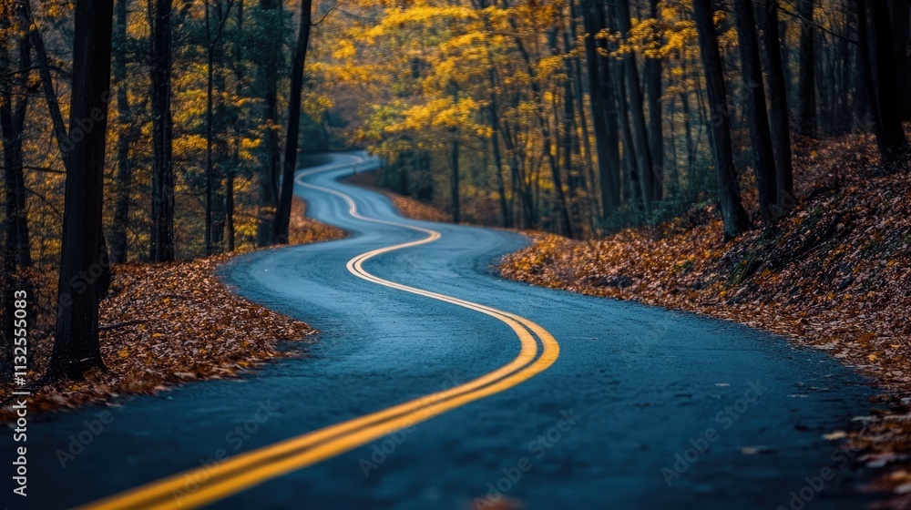 Fototapeta premium Curving road through a colorful autumn forest showcasing vibrant foliage and picturesque scenery