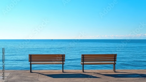 Serene wooden benches beside a tranquil blue sea under a clear sky creating a peaceful atmosphere for relaxation and contemplation.