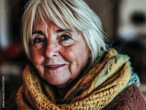 portrait of senior woman with short gray hair, smiling gently, wearing a colorful patterned scarf. photo