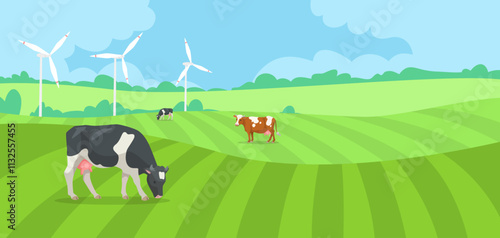 Cows grazing in a lush green field, several wind turbines spinning in the background under a clear blue sky. Concept of sustainable farming. Vector illustration.