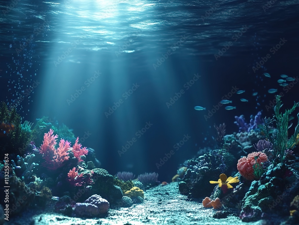 Fototapeta premium A realistic photo of an underwater scene with coral reefs and fish, illuminated by sunlight filtering through the water's surface.